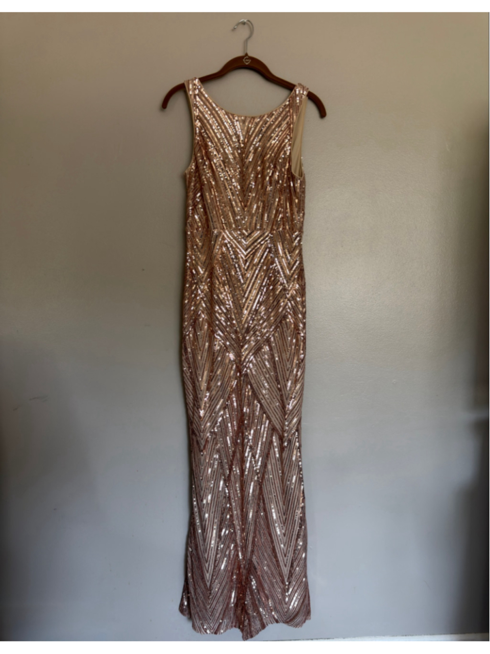 LUXEDO Rose Gold Sequin Geometric Maxi Formal Gown Dress M